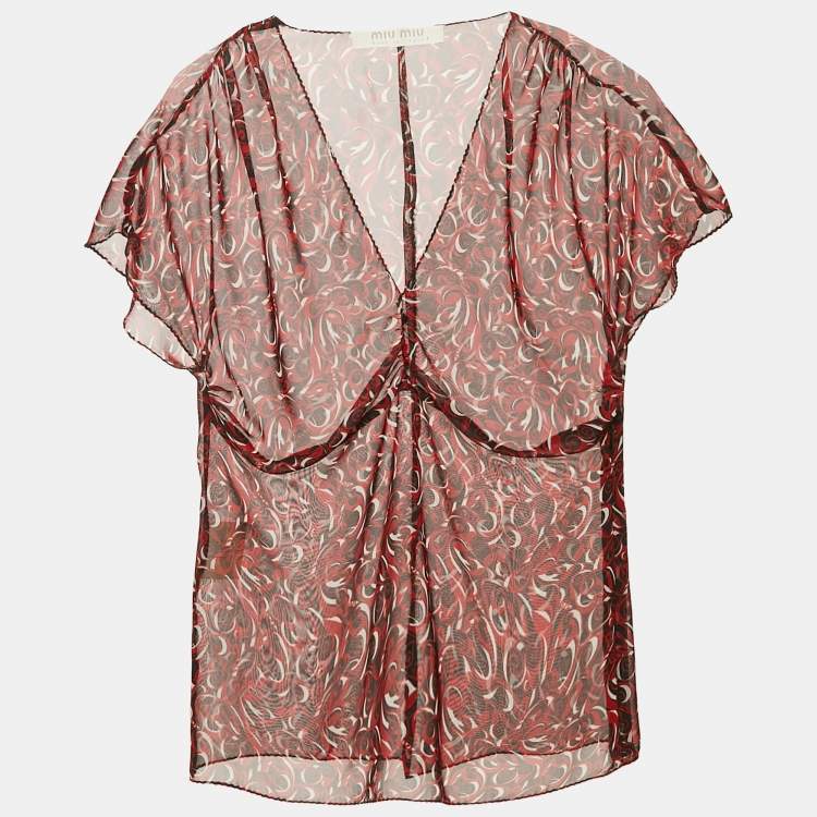 Pre Owned Miu Miu Vintage Red Printed Chiffon Ruche Top M
