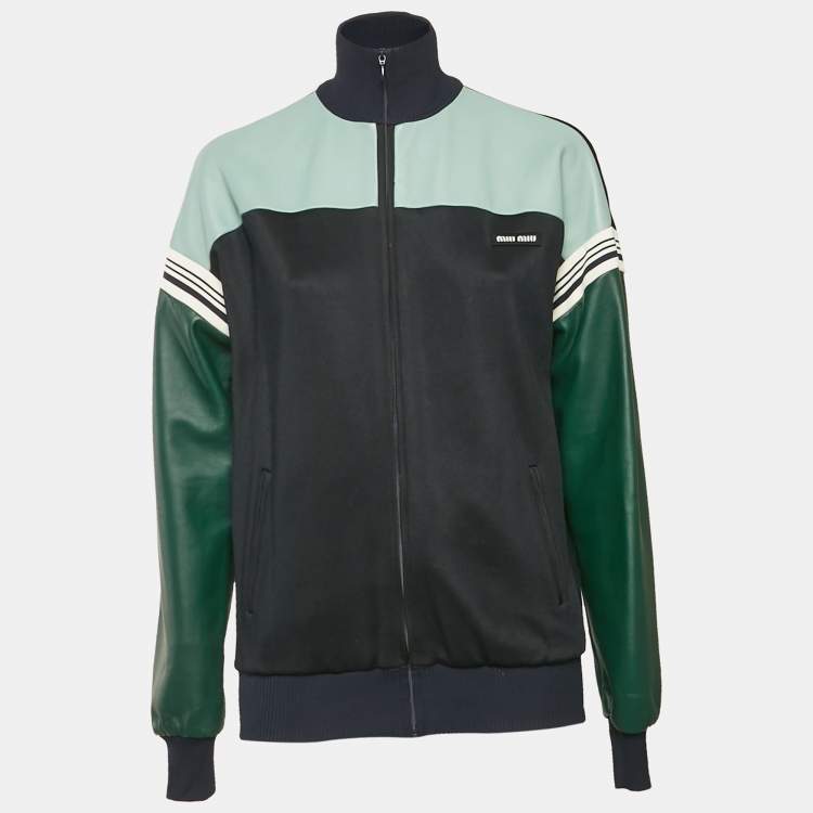 Pre Owned Miu Miu Navy & Green Leather and Jersey Zip-Up Jacket S