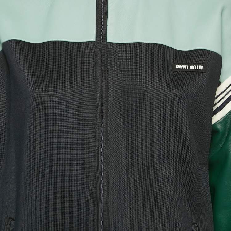 Pre Owned Miu Miu Navy & Green Leather and Jersey Zip-Up Jacket S