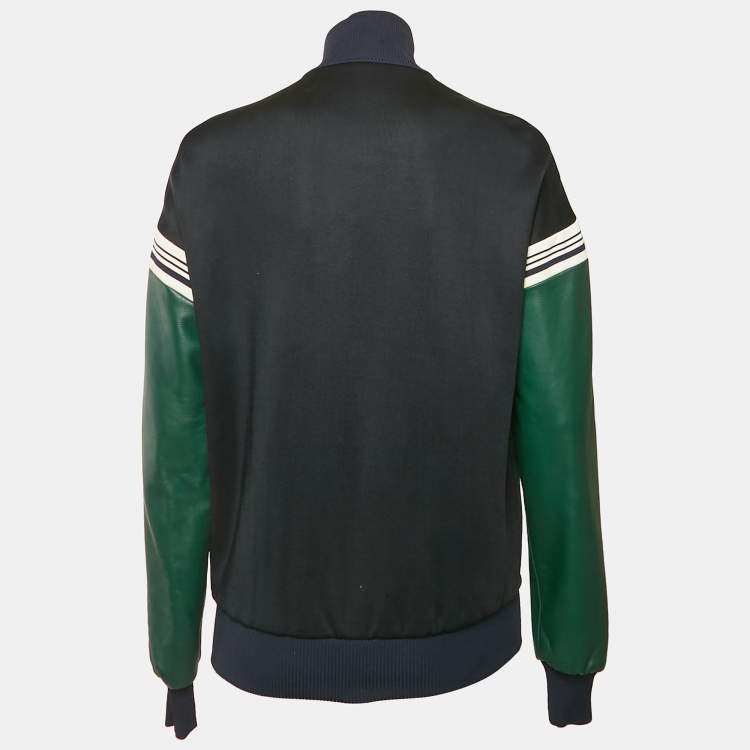 Pre Owned Miu Miu Navy & Green Leather and Jersey Zip-Up Jacket S