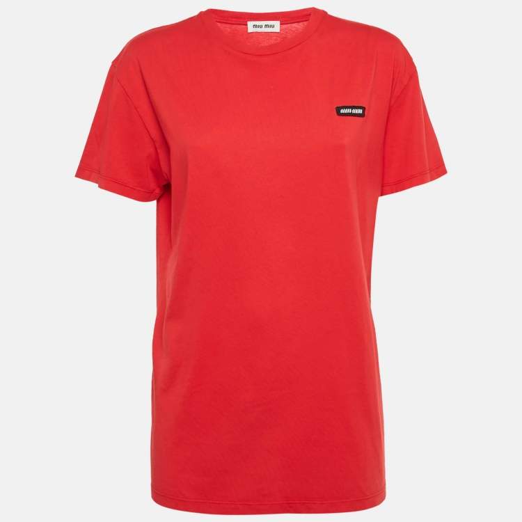Pre Owned Miu Miu Red Logo-Patch Jersey Crewneck T-Shirt L