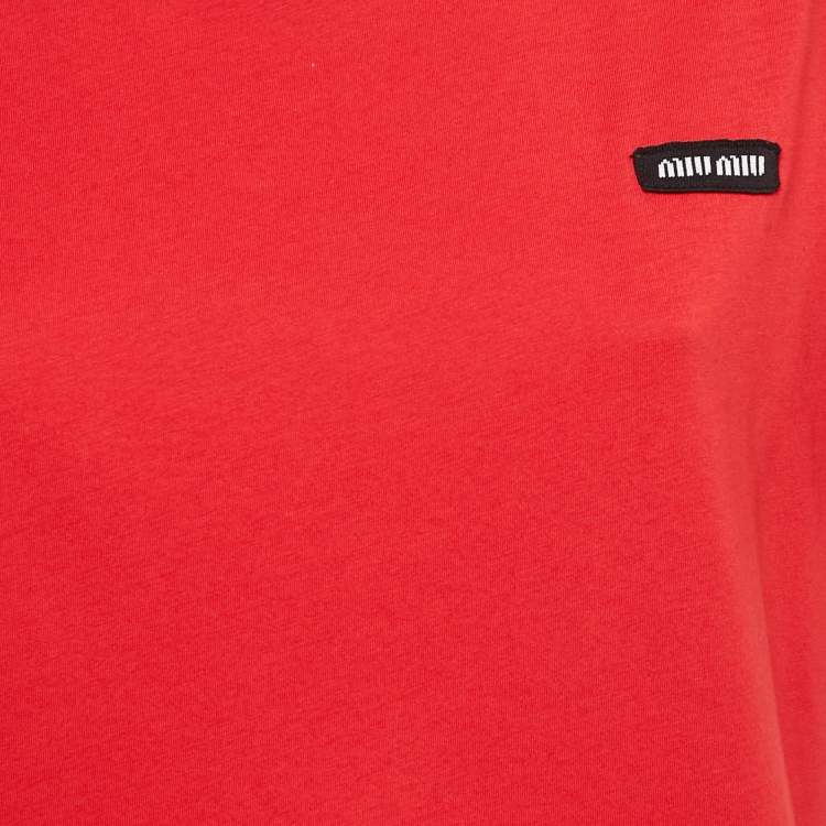 Pre Owned Miu Miu Red Logo-Patch Jersey Crewneck T-Shirt L