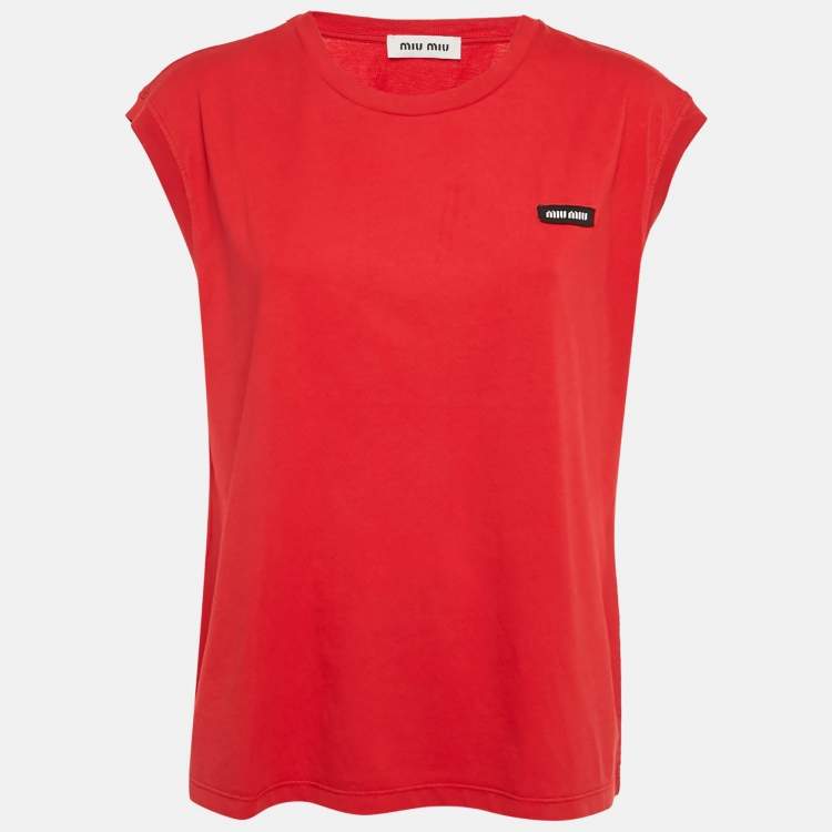 Pre Owned Miu Miu Red Logo-Patch Jersey Sleeveless T-Shirt L
