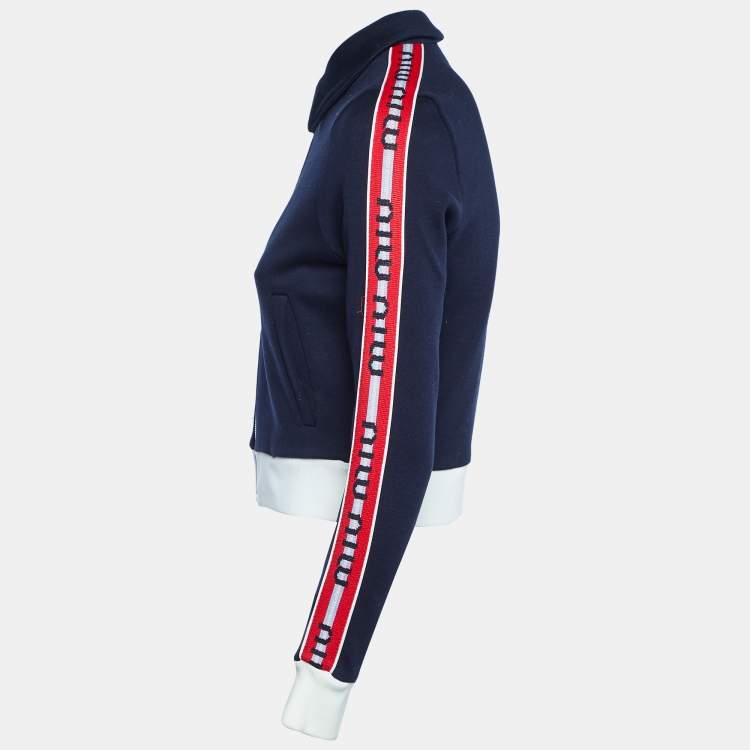 Pre Owned Miu Miu Navy Blue Cotton Blend Logo Tape Knit Zip Up Jacket M