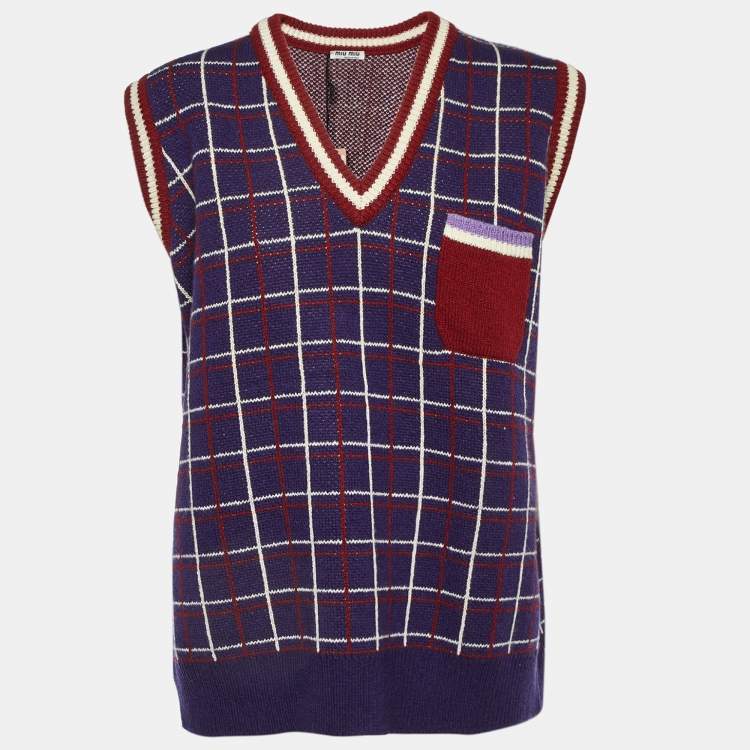 Pre Owned Miu Miu Blue Contrast Detail Wool Knit Sleeveless Sweater S