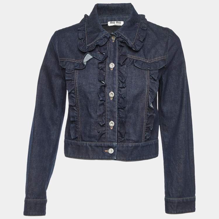 Pre Owned Miu Miu Dark Blue Denim Ruffled Crop Jacket S