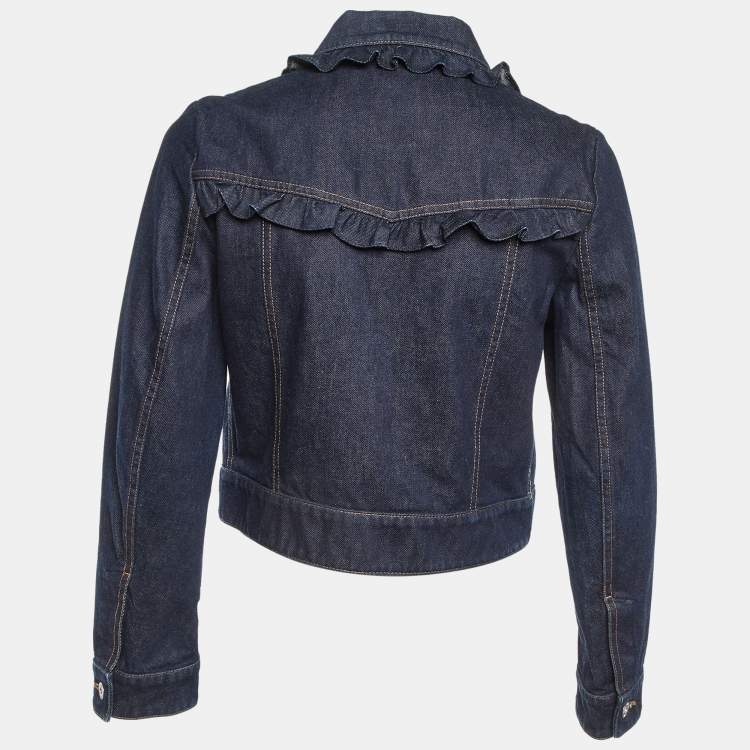Pre Owned Miu Miu Dark Blue Denim Ruffled Crop Jacket S