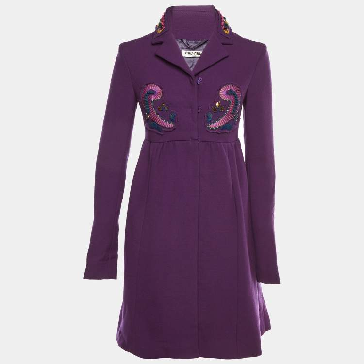 Pre Owned Miu Miu Purple Wool Embellished Long Sleeve Coat S