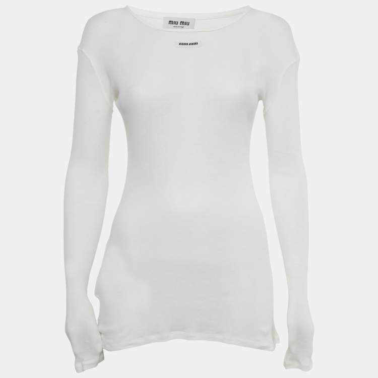 Pre Owned Miu Miu White Logo Applique Rib Knit Top XS