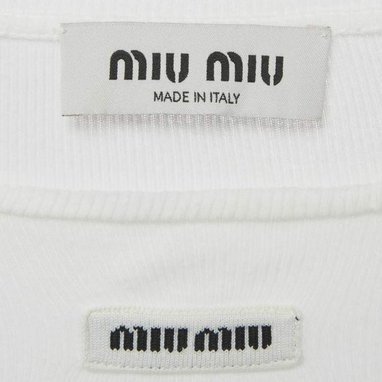 Pre Owned Miu Miu White Logo Applique Rib Knit Top XS