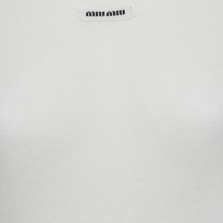 Pre Owned Miu Miu White Logo Applique Rib Knit Top XS