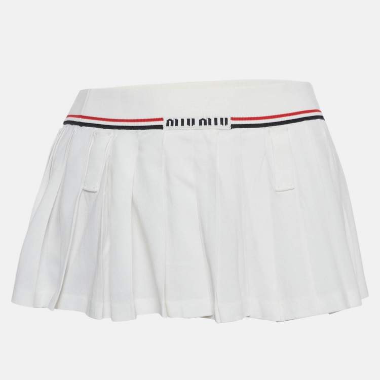 Pre Owned Miu Miu White Crepe Rib Waist Pleated Micro Skirt S