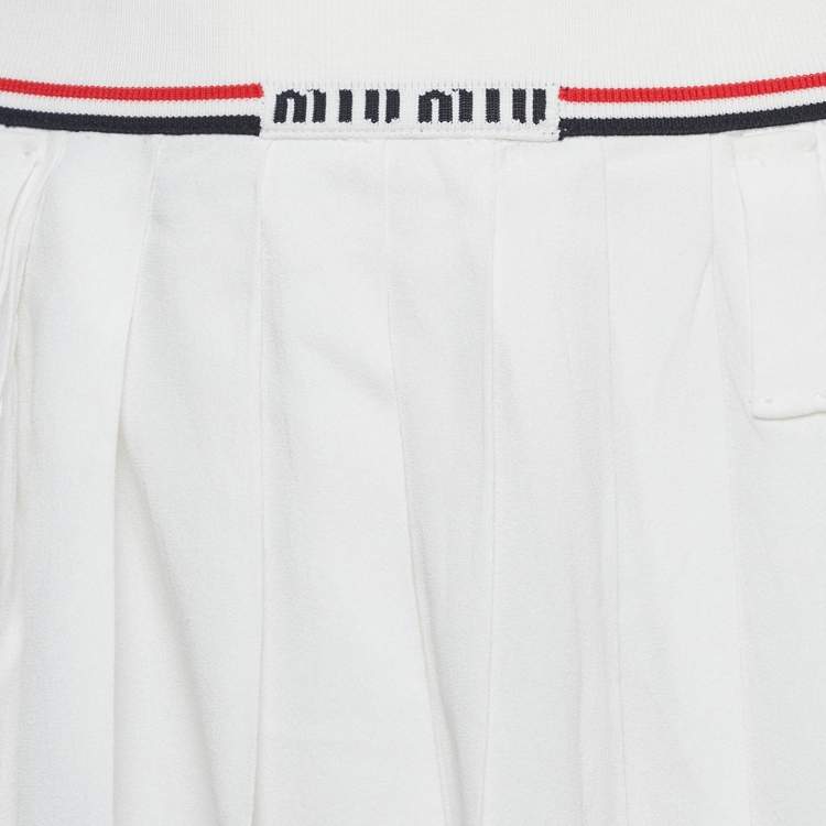 Pre Owned Miu Miu White Crepe Rib Waist Pleated Micro Skirt S
