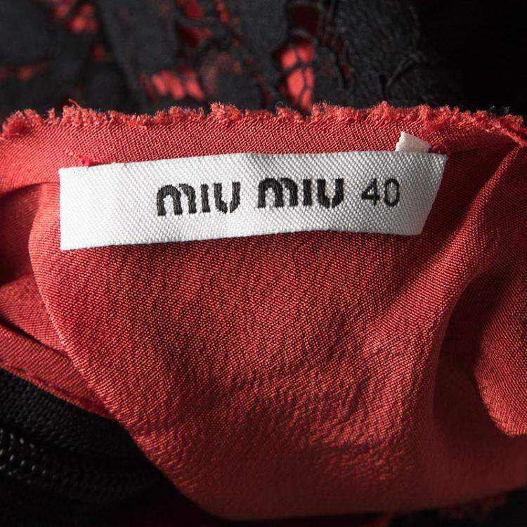 Pre Owned Miu Miu Black and Orange Floral Lace Pleat Detail Dress S
