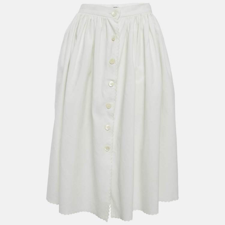 Pre Owned Miu Miu White Cotton Button Front Midi Skirt M