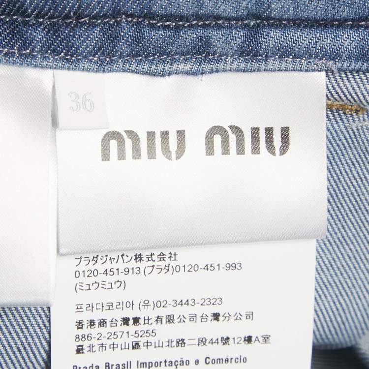 Pre Owned Miu Miu Blue Logo Embroidered Peated Denim Mini Skirt XS
