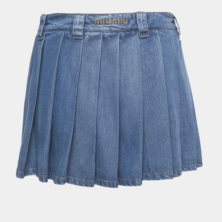Pre Owned Miu Miu Blue Logo Embroidered Peated Denim Mini Skirt XS