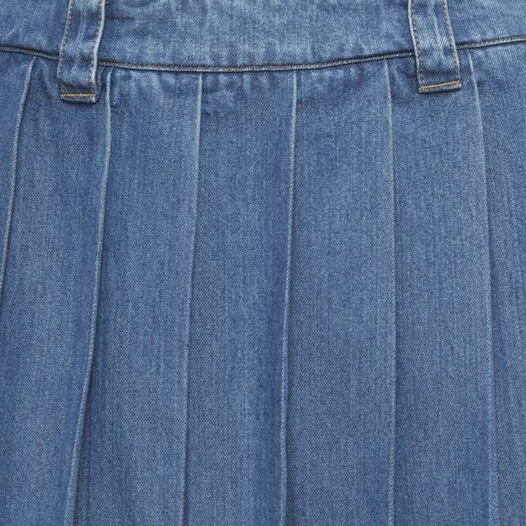 Pre Owned Miu Miu Blue Logo Embroidered Peated Denim Mini Skirt XS