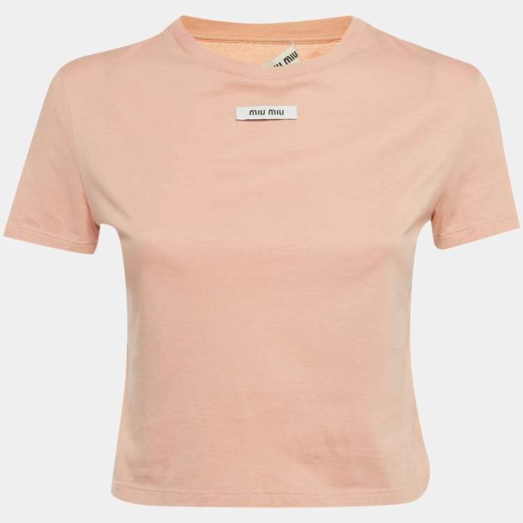 Pre Owned Miu Miu Pink Logo Applique Jersey Crop Top S
