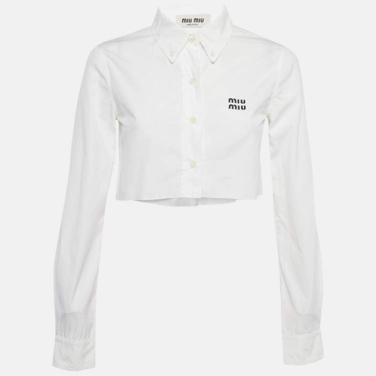Pre Owned Miu Miu White Logo Embroidered Cotton Crop Shirt XS