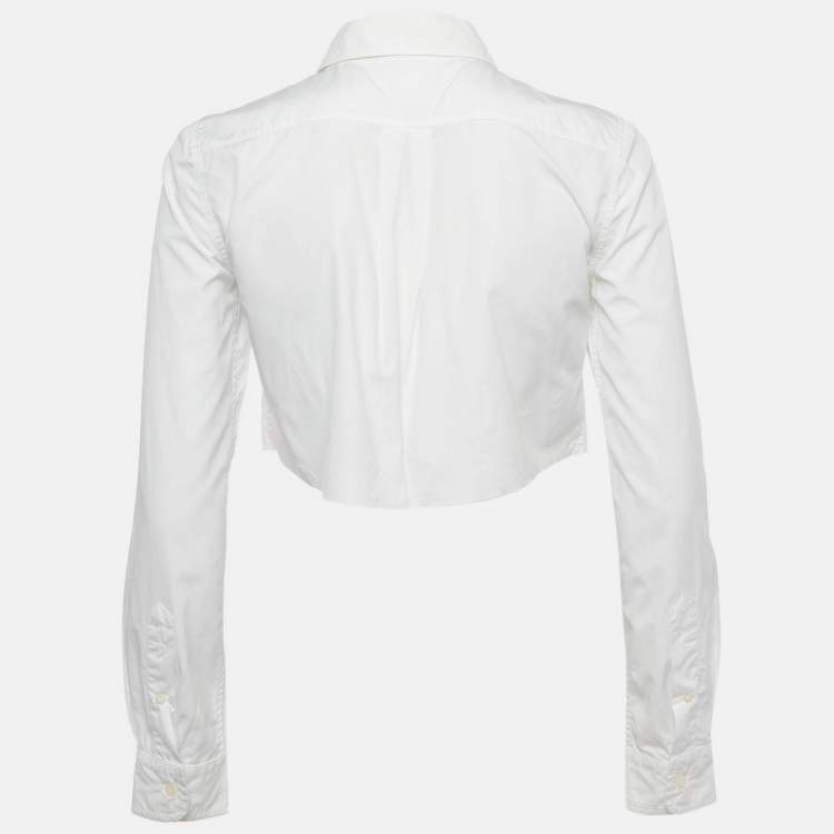Pre Owned Miu Miu White Logo Embroidered Cotton Crop Shirt XS