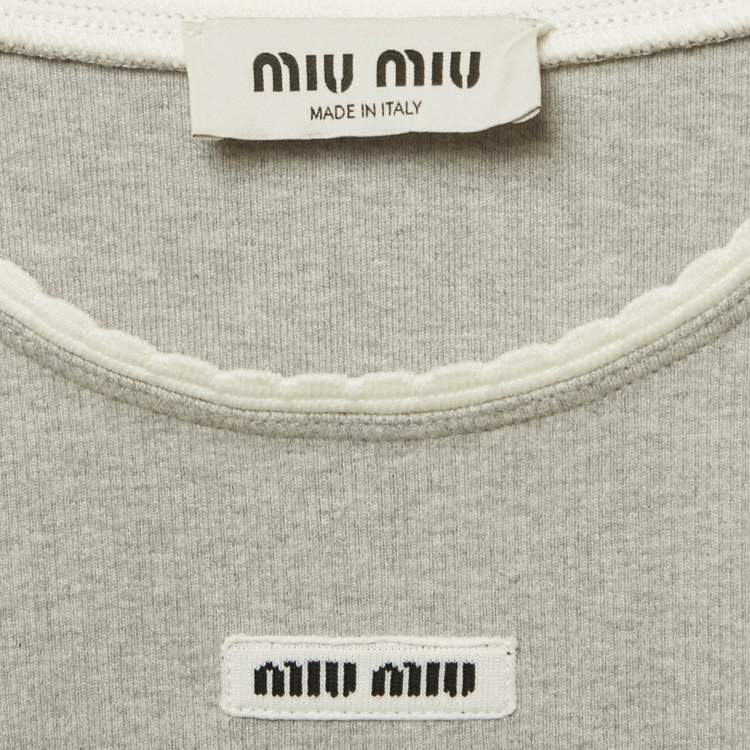 Pre Owned Miu Miu Grey Logo Patch Rib Knit Mini Dress XS