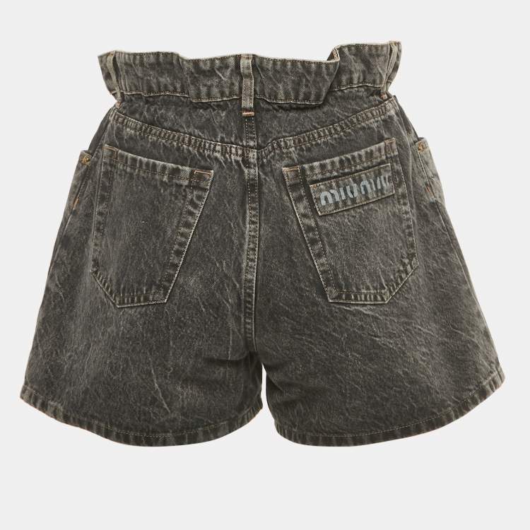 Pre Owned شورت ميو ميو دنيم مغسول أسود بخصر مطاطي صغير - سمول