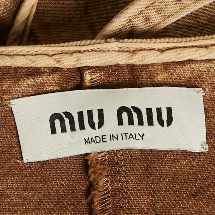 Pre Owned Miu Miu Brown Washed Cotton Logo Applique Crop Top S