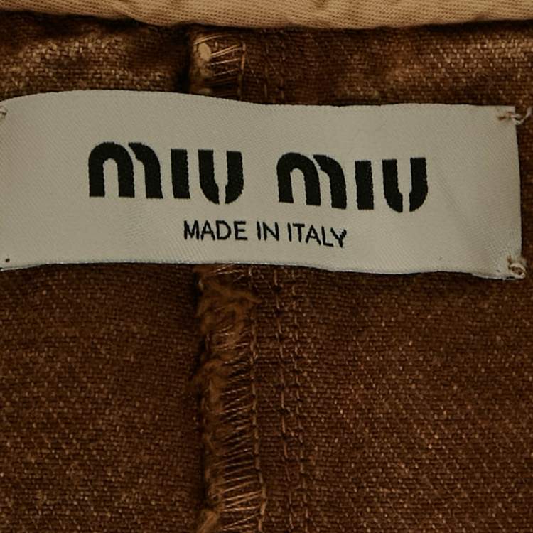 Pre Owned Miu Miu Brown Washed Cotton Logo Applique Crop Top S