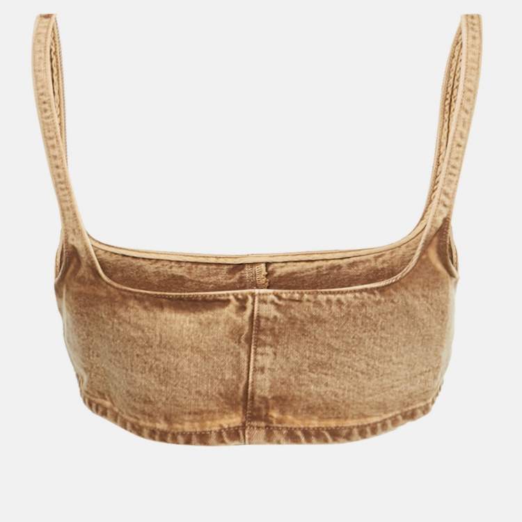 Pre Owned Miu Miu Brown Washed Cotton Logo Applique Crop Top S