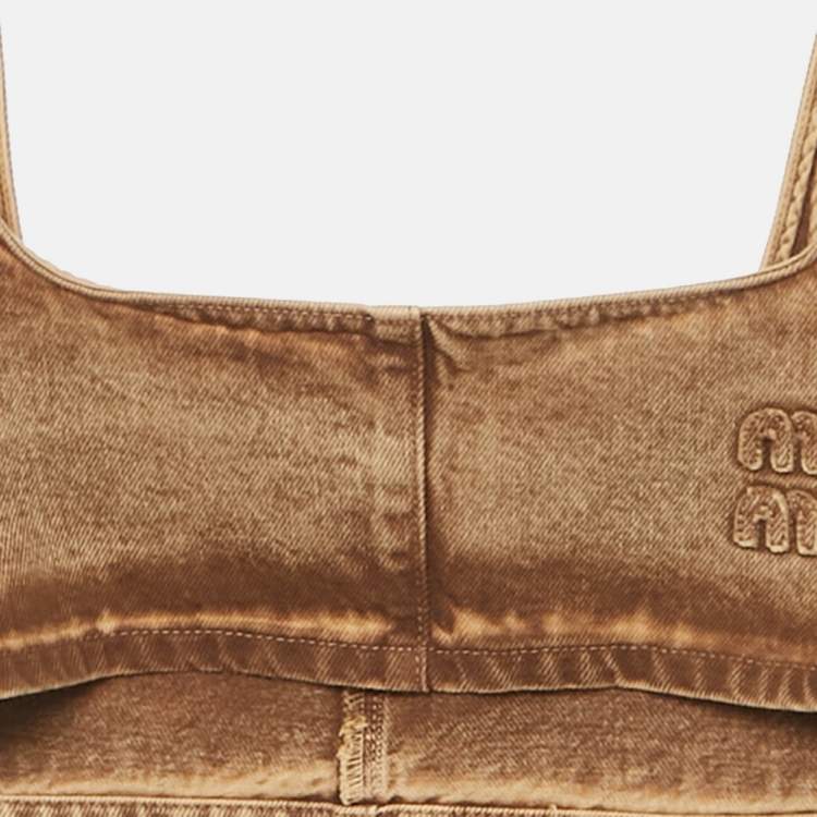 Pre Owned Miu Miu Brown Washed Cotton Logo Applique Crop Top S