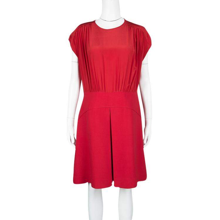 Pre Owned Miu Miu Red Gathered Waist Inverted Pleat Detail Dress L