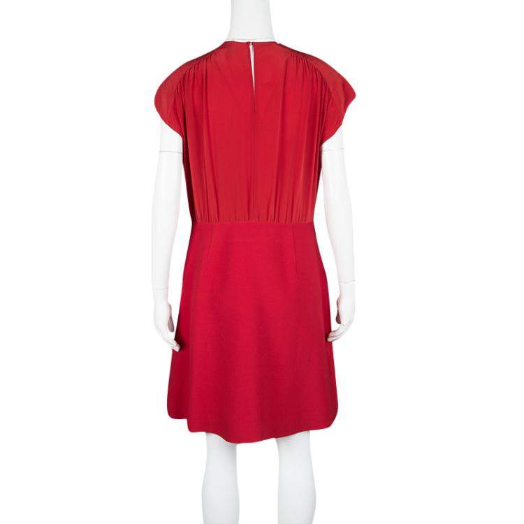 Pre Owned Miu Miu Red Gathered Waist Inverted Pleat Detail Dress L