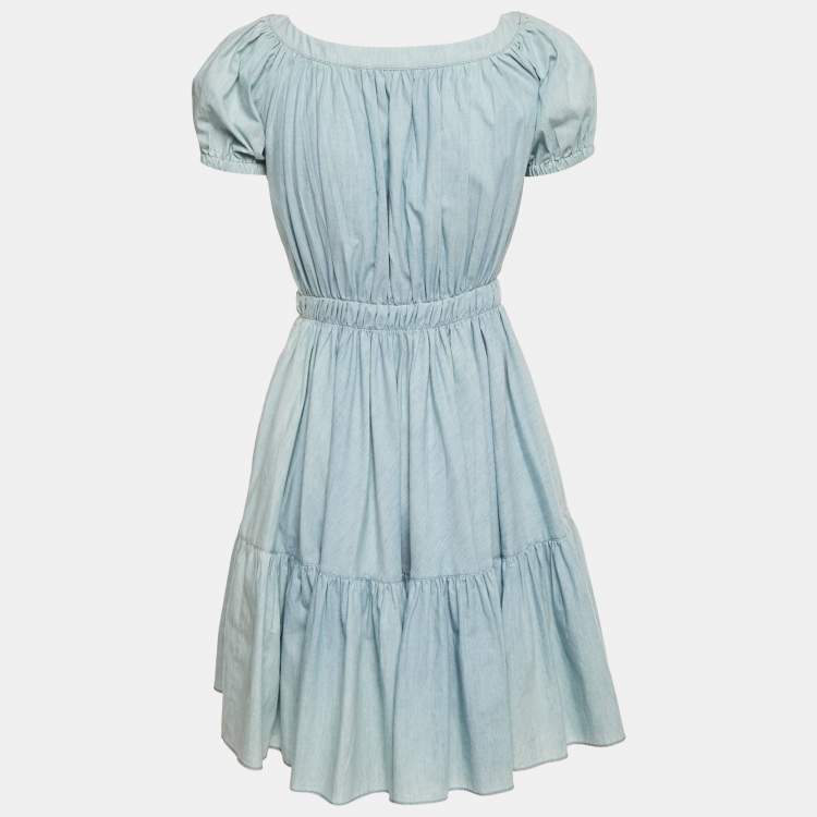 Pre Owned فستان ميو ميو جينز أزرق بأكمام منتفخة قصير مقاس صغير