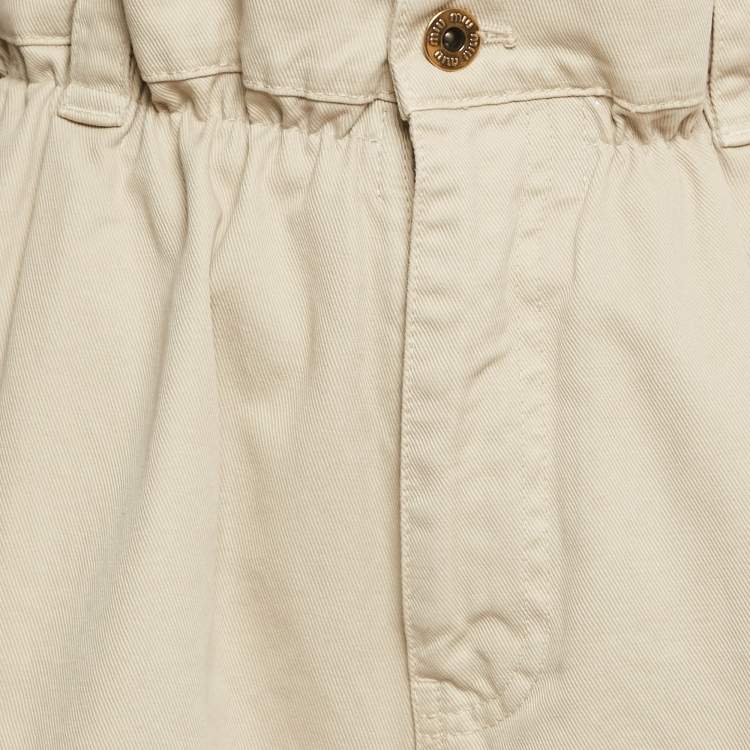 Pre Owned Miu Miu Beige Logo Embroidered Cotton High Rise Cargo Shorts S