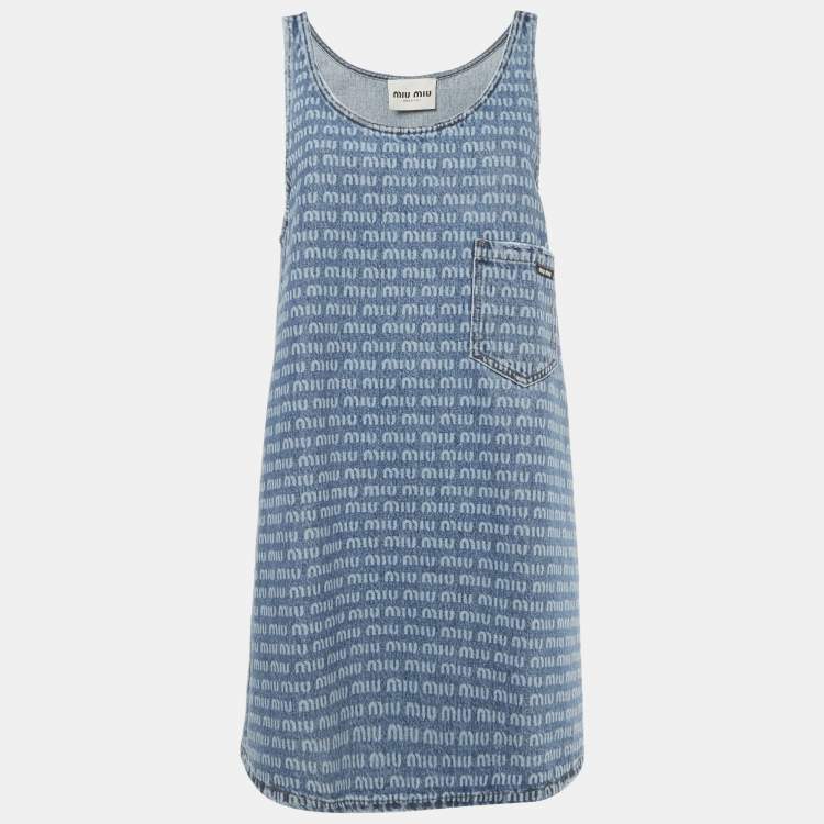 Pre Owned Miu Miu Blue Logo Print Denim Sleeveless Shift Dress S