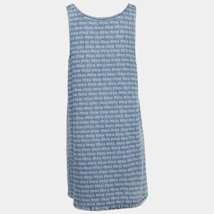 Pre Owned Miu Miu Blue Logo Print Denim Sleeveless Shift Dress S
