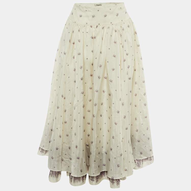 Pre Owned Miu Miu White Floral Print Silk Midi Skirt XL