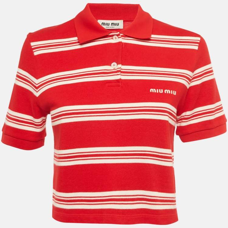 Pre Owned Miu Miu Red Stiped Cotton Knit Cropped Polo T-shirt S