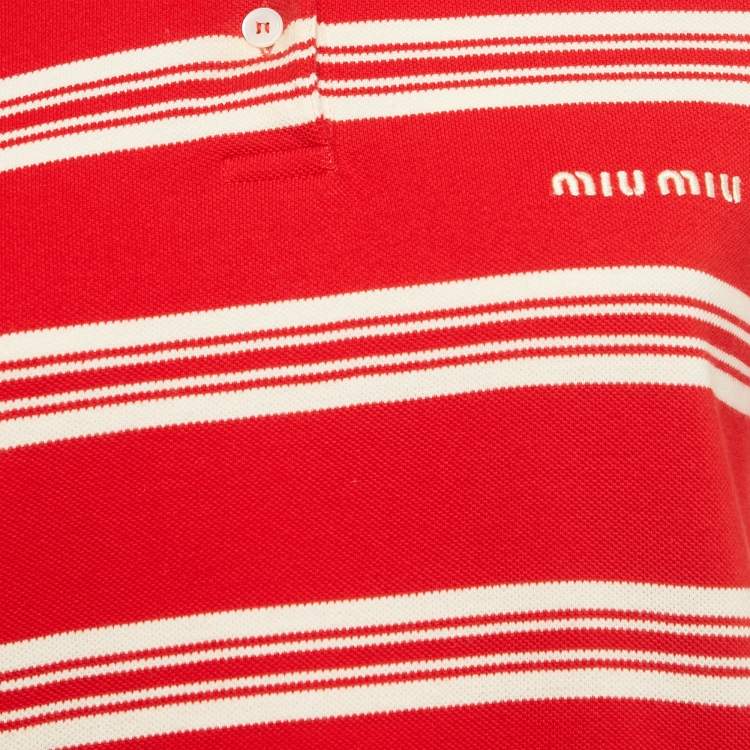 Pre Owned Miu Miu Red Stiped Cotton Knit Cropped Polo T-shirt S