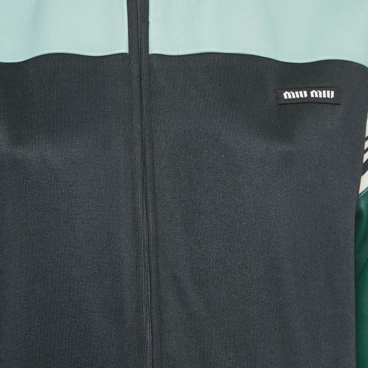 Pre Owned Miu Miu Navy/Green Leather and Jersey Zip-Up Jacket S