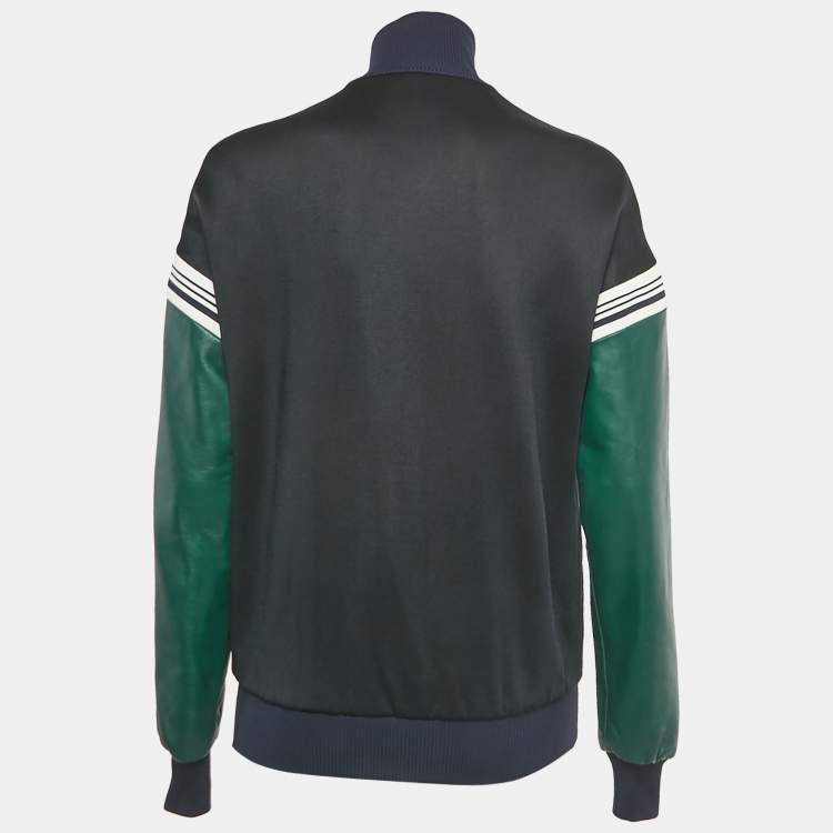 Pre Owned Miu Miu Navy/Green Leather and Jersey Zip-Up Jacket S