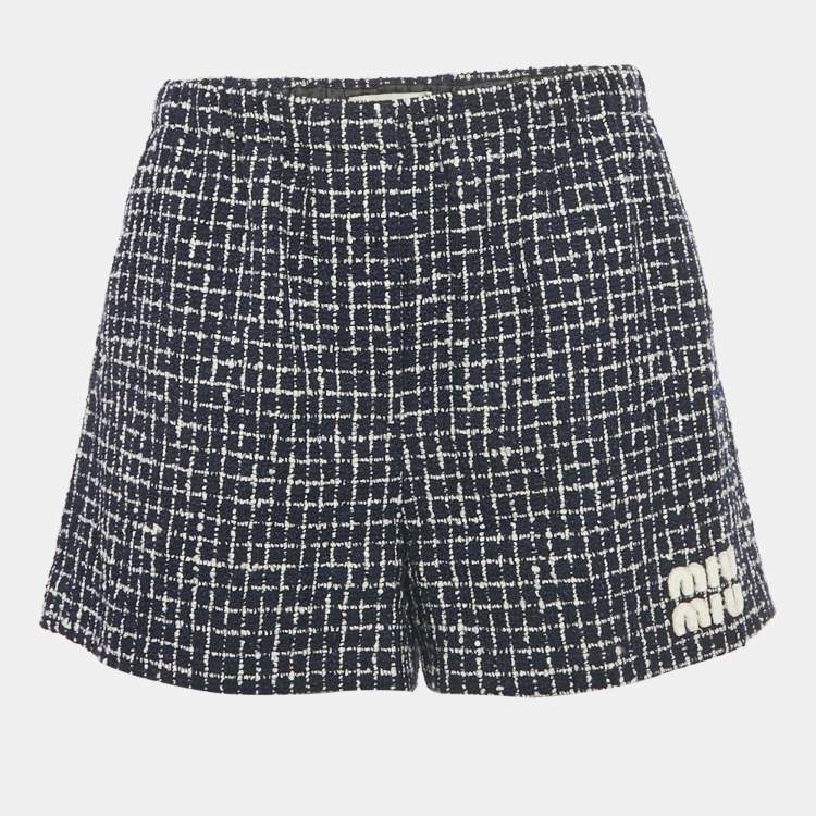 مملوكة مسبقًا Miu Miu Navy Blue Checks Tweed Shorts S