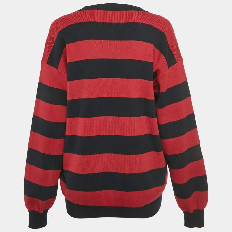 مملوكة مسبقًا Miu Miu Pink/Blue Striped Knit Logo Patch Cardigan S