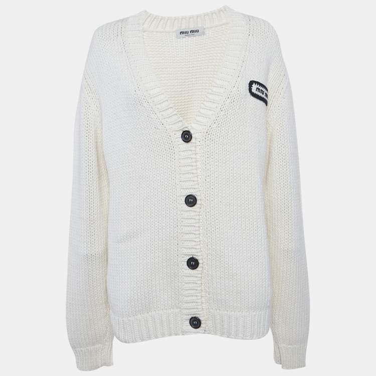 مملوكة مسبقًا Miu Miu White Logo Patch Rib Knit Cardigan L