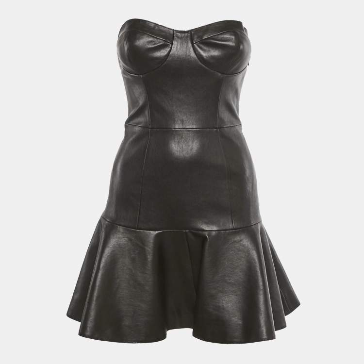 Pre Owned Miu Miu Black Genuine Leather Strapless Mini Dress S