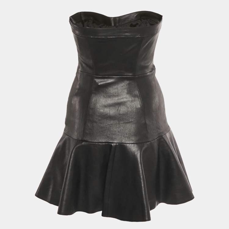 Pre Owned Miu Miu Black Genuine Leather Strapless Mini Dress S