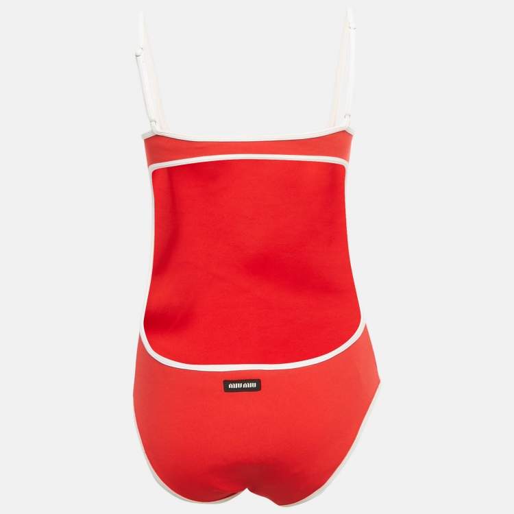 Pre Owned Miu Miu Red Logo Applique Technical Knit One Piece Swimsuit S