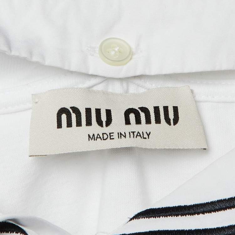 Pre Owned Miu Miu White Cotton Logo Embroidered Sailor Collar T-Shirt L
