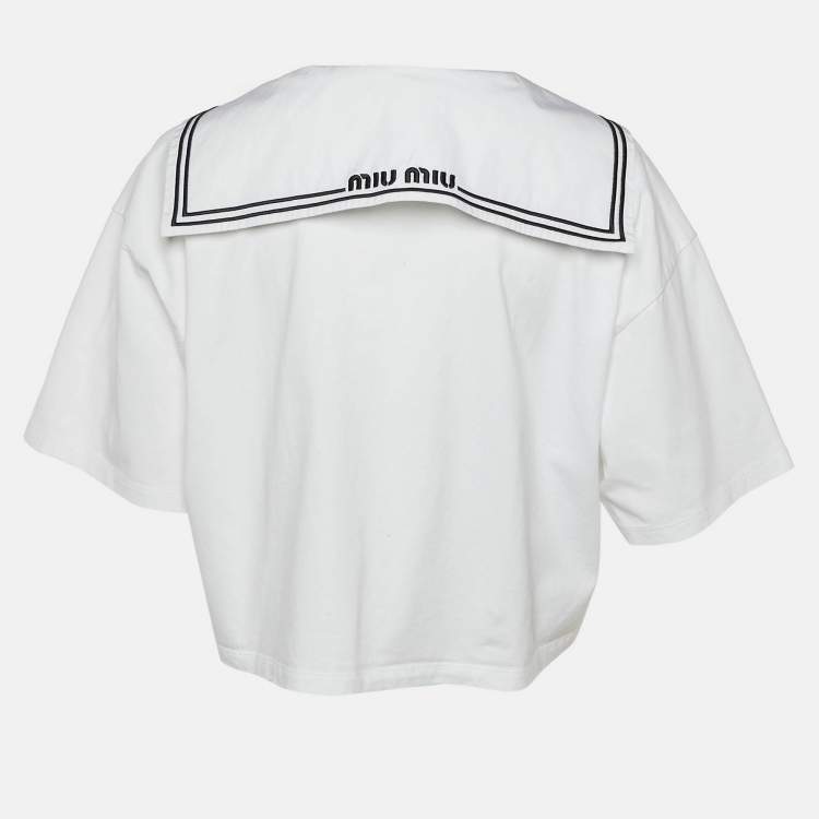 Pre Owned Miu Miu White Cotton Logo Embroidered Sailor Collar T-Shirt L